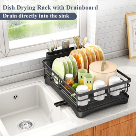 Stainless Steel Dish Drying Rack, Rustproof Dish Drainer with Utensil Holder for Kitchen, Suitable for Undermount Sinks, Black