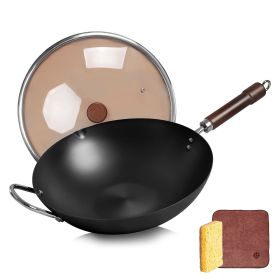 WANGYUANJI 12.59" Carbon Steel Wok Pan, Woks and Stir Fry Pans with Glass Lid,Chinese Wok Flat bottom Iron wok for Induction, Electric, Gas
